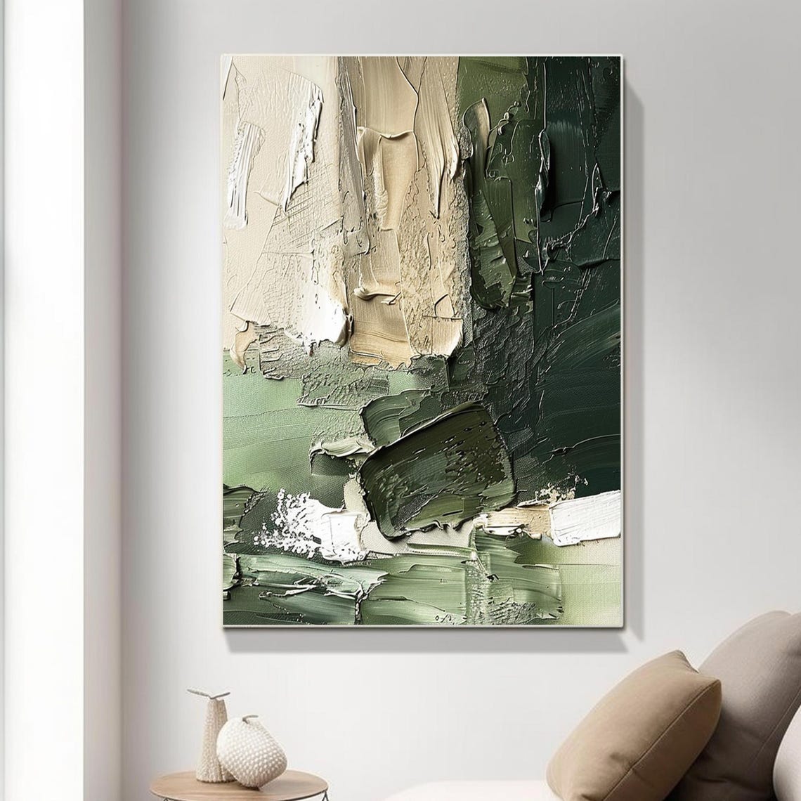 Olive Green Beige Abstract Brushstrokes Textured Modern Art Poster - Image 5