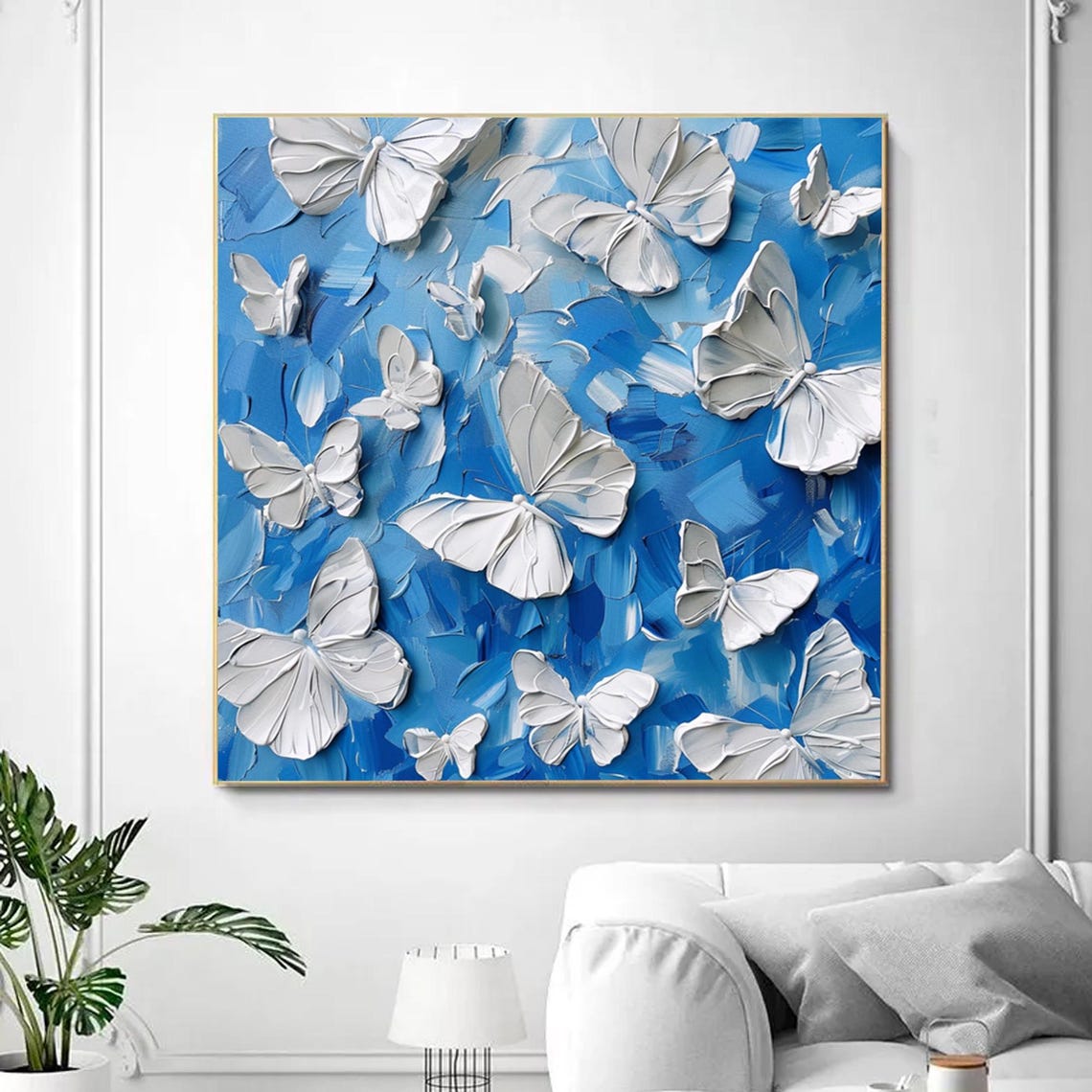 Large Textured Butterfly Acrylic Painting Abstract White And Blue Painting Acrylic Butterfly Artwork Modern Butterfly Art Home Decor Art