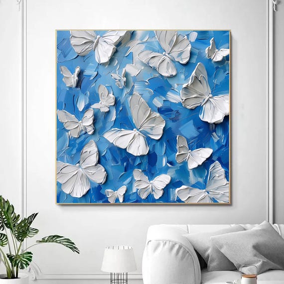 Large Textured Butterfly Acrylic Painting Abstract White And Blue Painting Acrylic Butterfly Artwork Modern Butterfly Art Home Decor Art