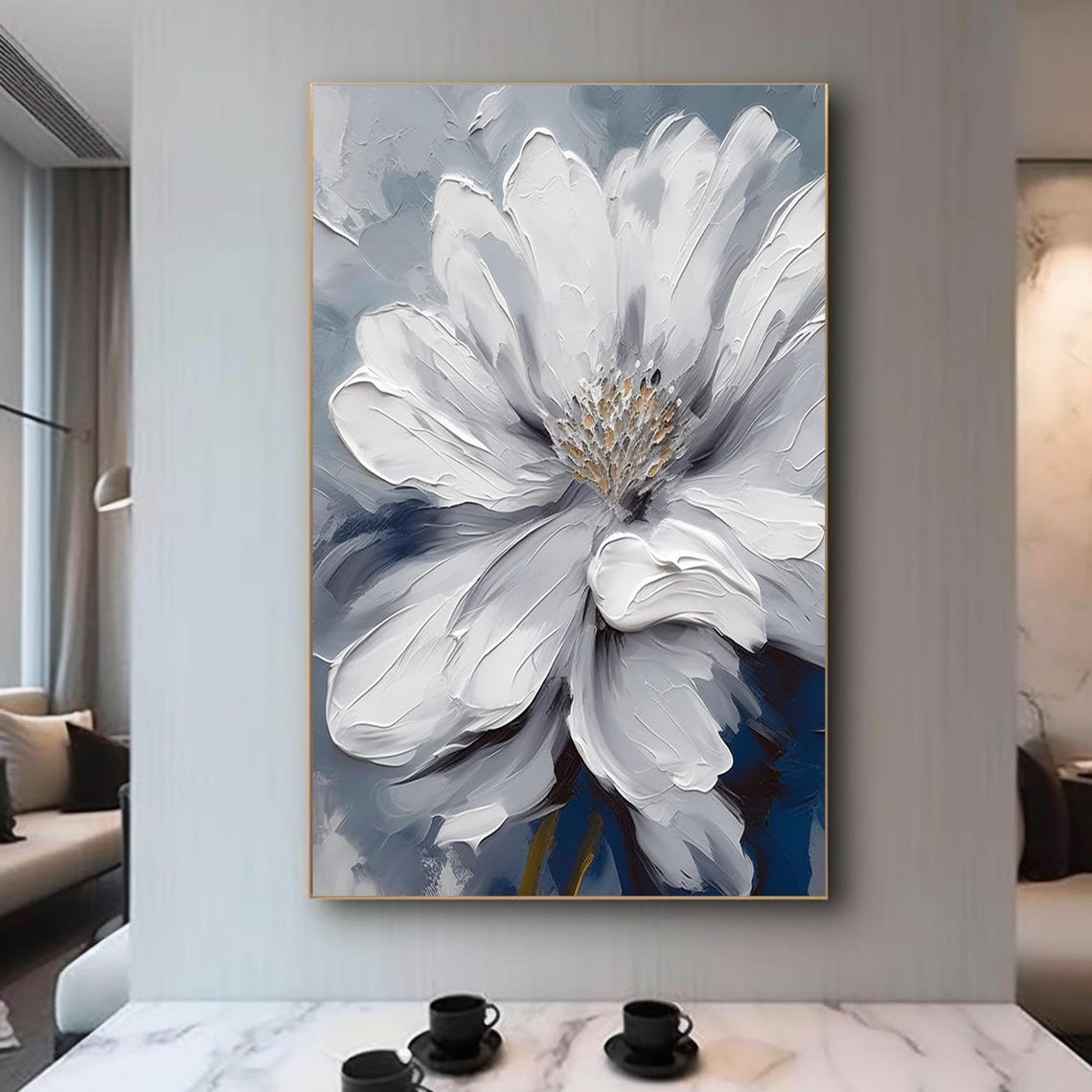 Giant White Flower Over Deep Blue Textured Floral Abstract Art Poster - Image 3