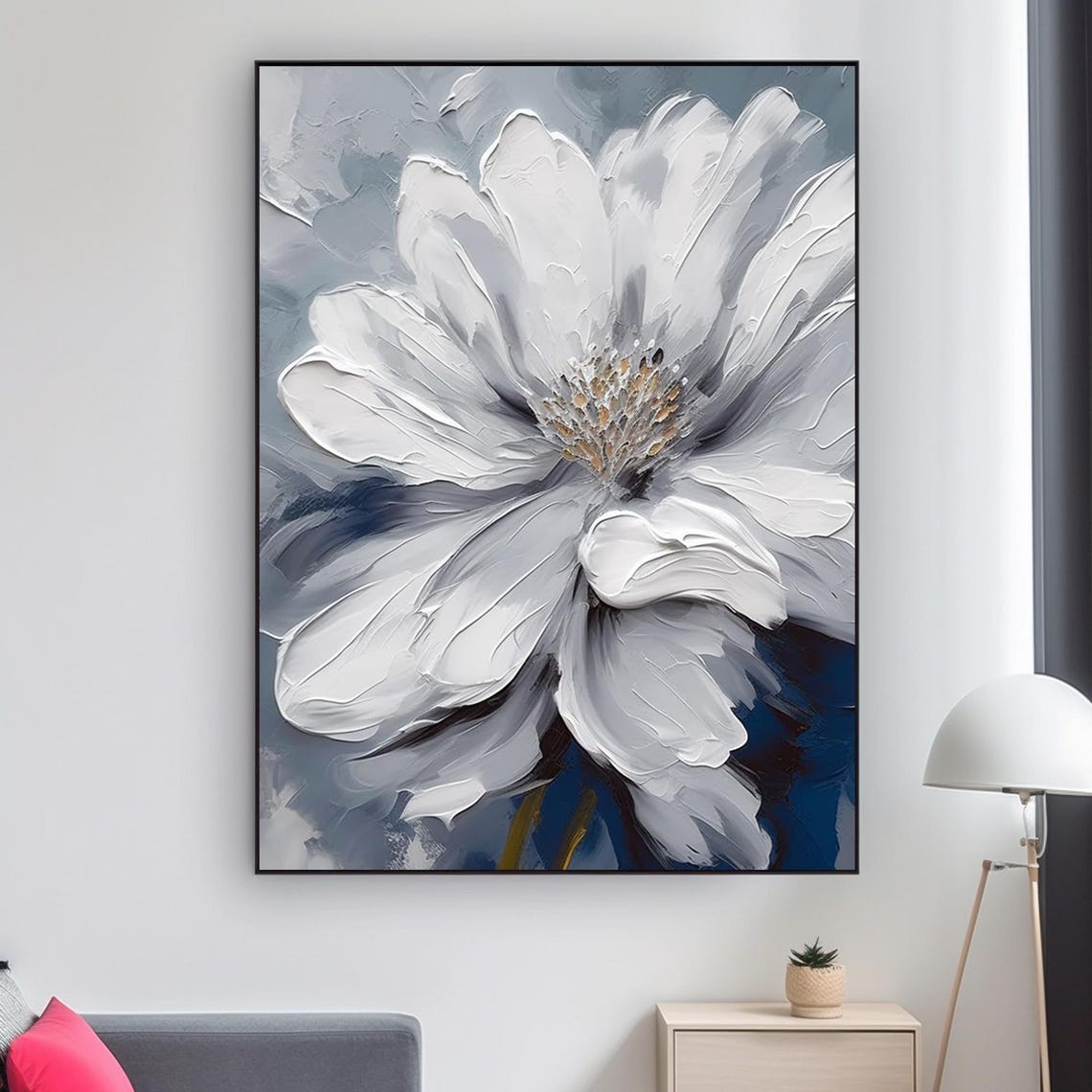 Giant White Flower Over Deep Blue Textured Floral Abstract Art Poster - Image 2