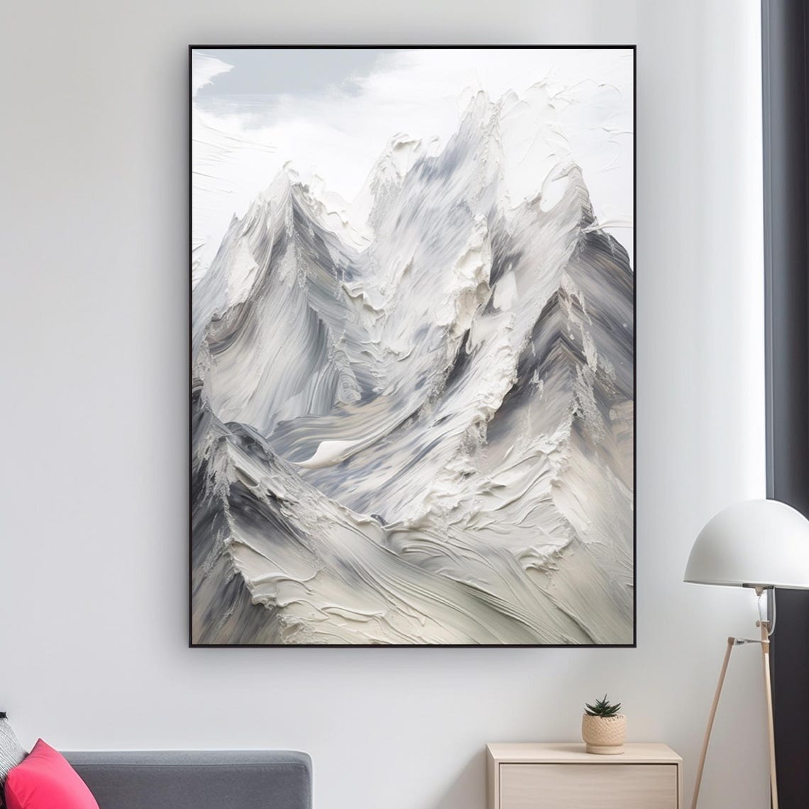 Large Gray White And Blue Abstract Mountain Acrylic Painting 3d Texture Mountain Scenery Handmade Painting Modern Natural Living Room Art - Image 2