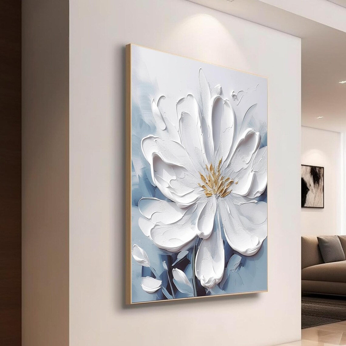 White Bloom Gold Center Pale Blue Palette Knife Floral Art Poster - Image 4