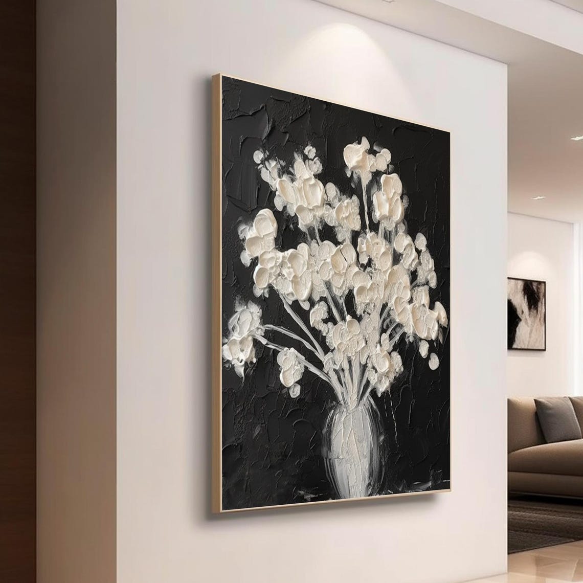White Flowers Vase Black Background Dramatic Floral Still Art Poster - Image 4