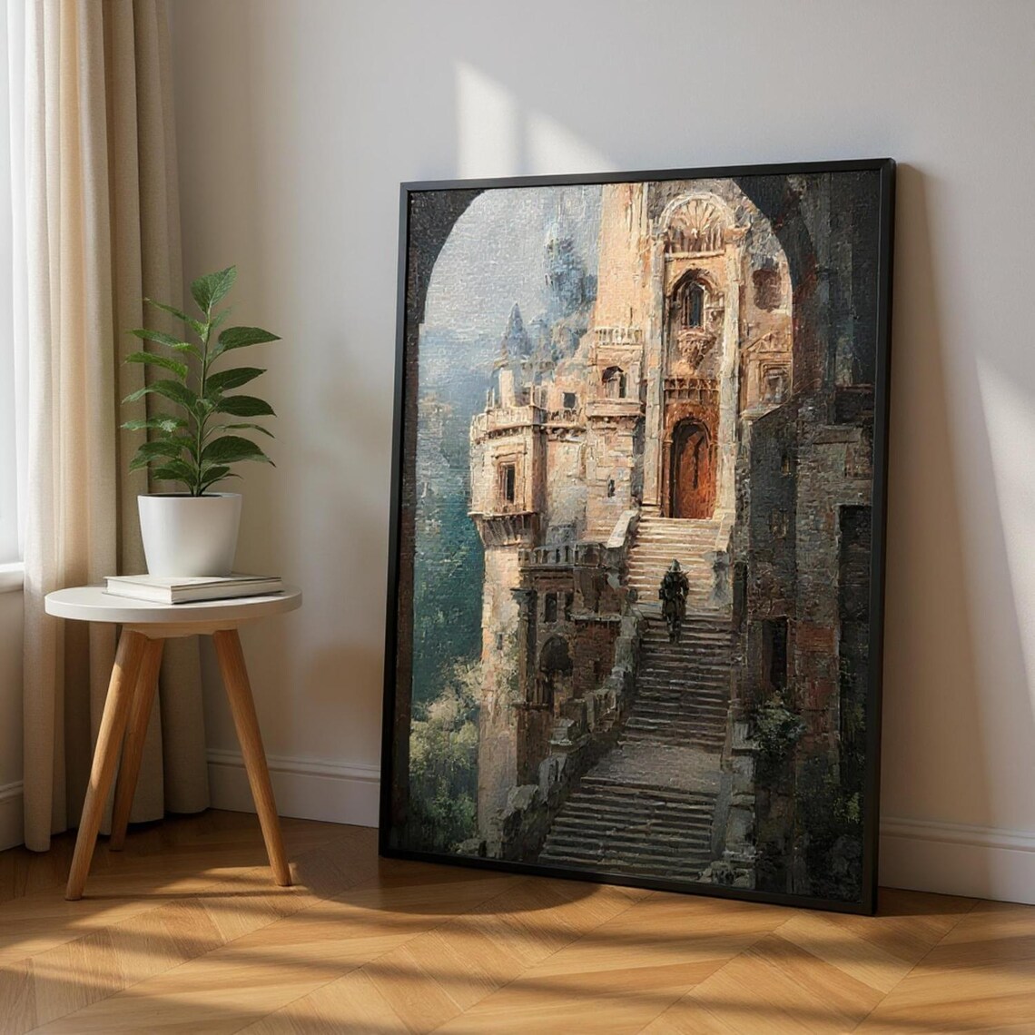 Lone Knight Climbing Ancient Castle Steps Ruins Oil Art Poster