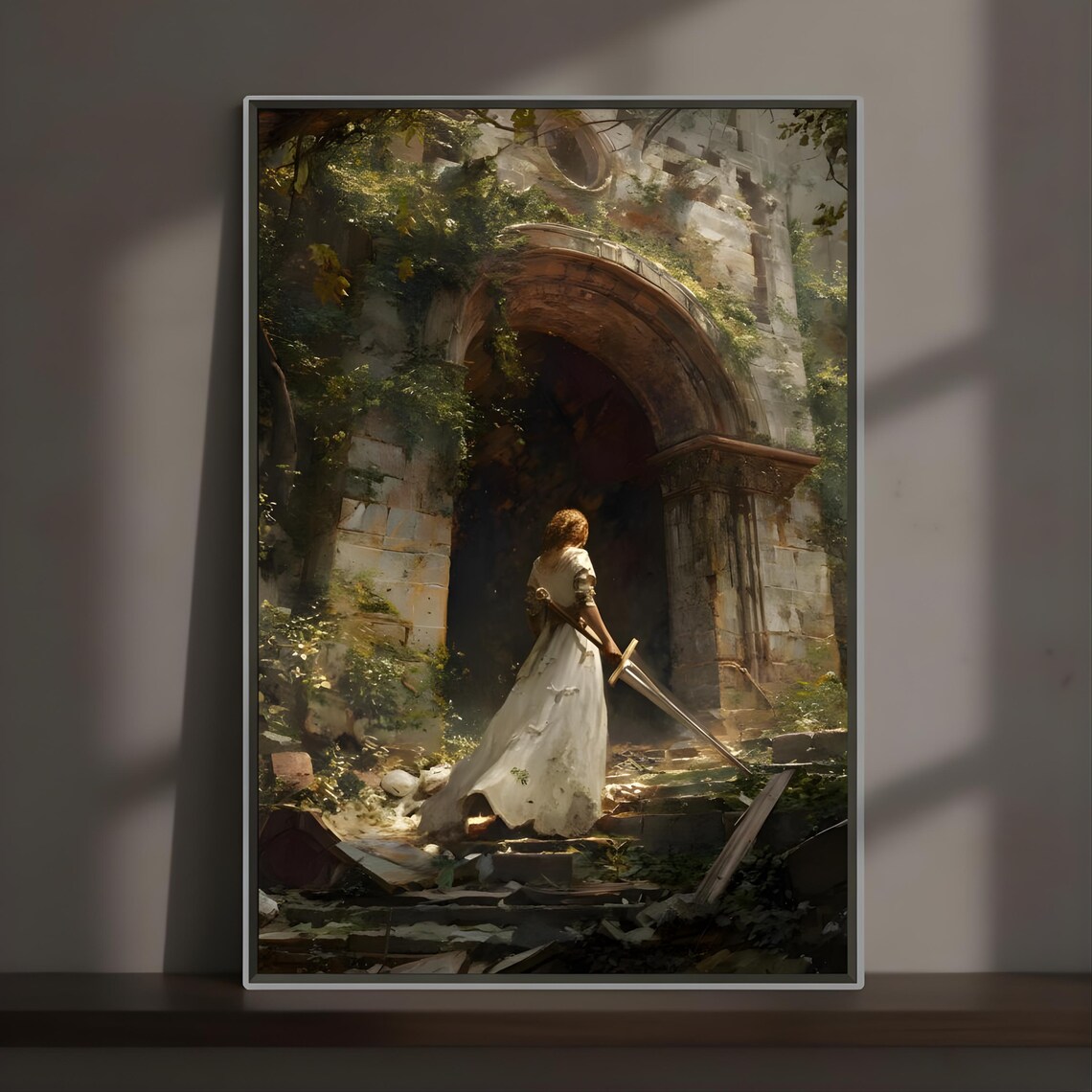 Swordswoman Ruined Stone Archway Overgrown Medieval Dark Fantasy Poster