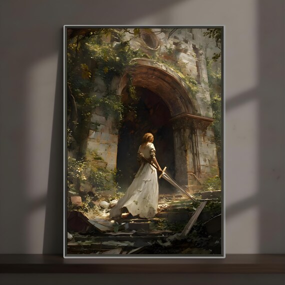 Swordswoman Ruined Stone Archway Overgrown Medieval Dark Fantasy Poster