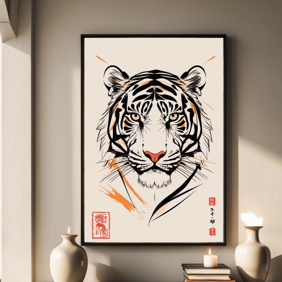 Tiger Japanese Ink Portrait Fierce Orange Accent Wildlife Poster