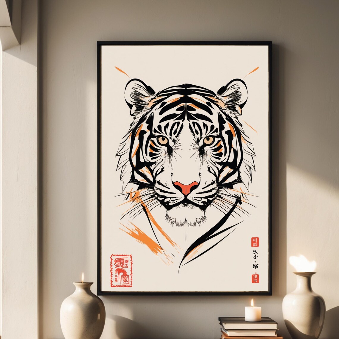 Tiger Japanese Ink Portrait Fierce Orange Accent Wildlife Poster