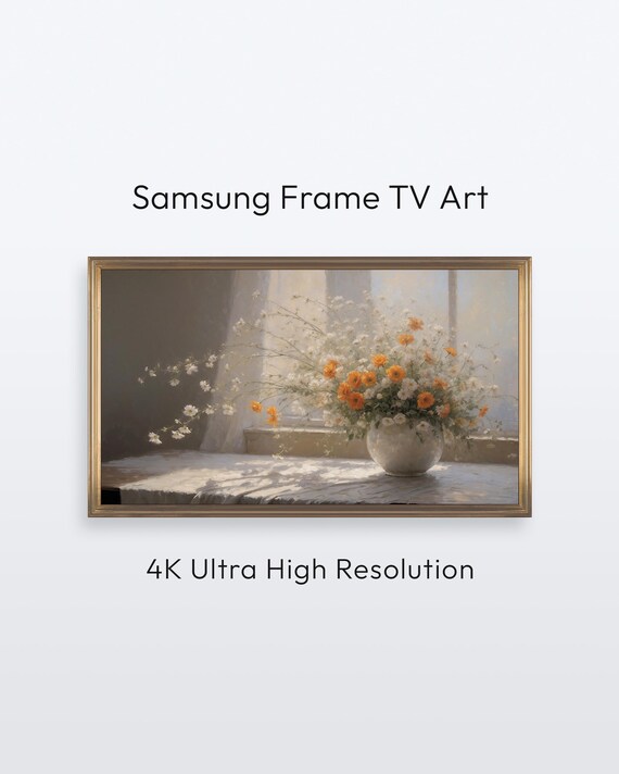 Sunlit Window Still Life White Orange Wildflowers Vase Digital Wall Art