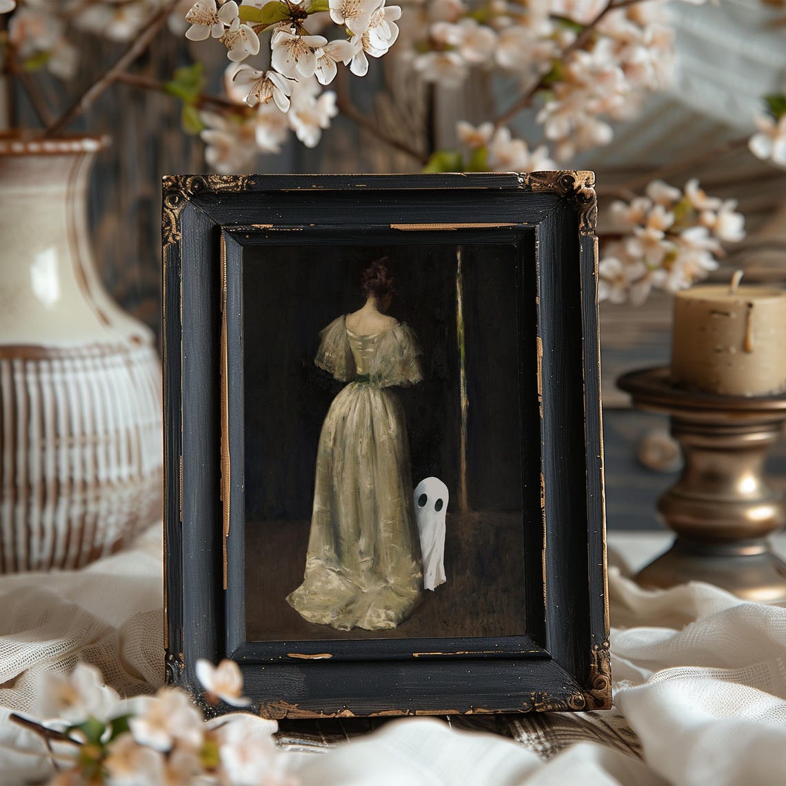 Victorian Lady in Cream Dress With a Cute Ghost Halloween Poster - Image 7