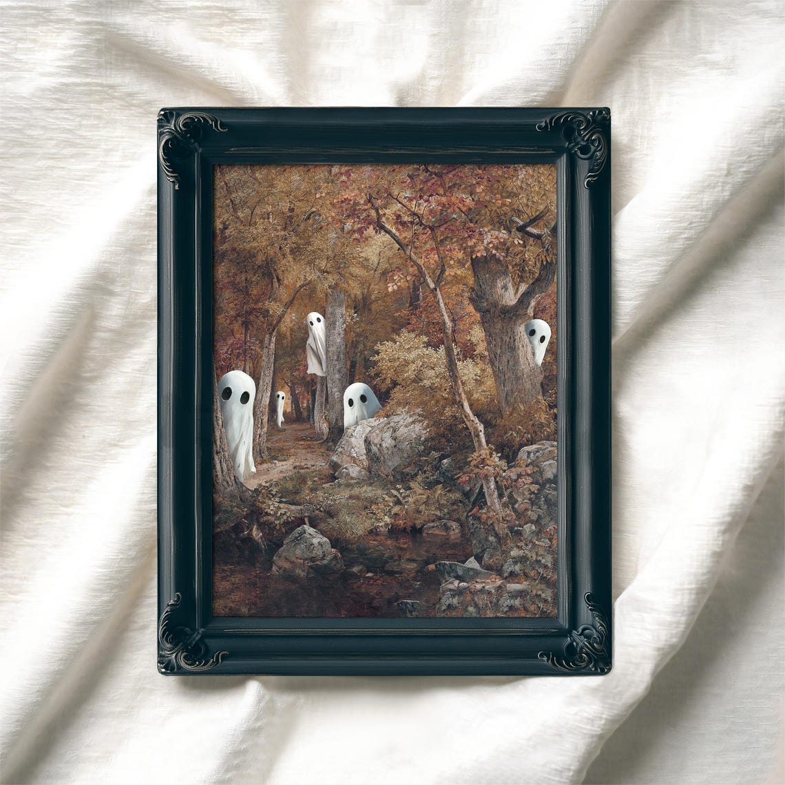 Five Cute Ghosts Peeking From Trees in a Golden Fall Forest Poster - Image 7