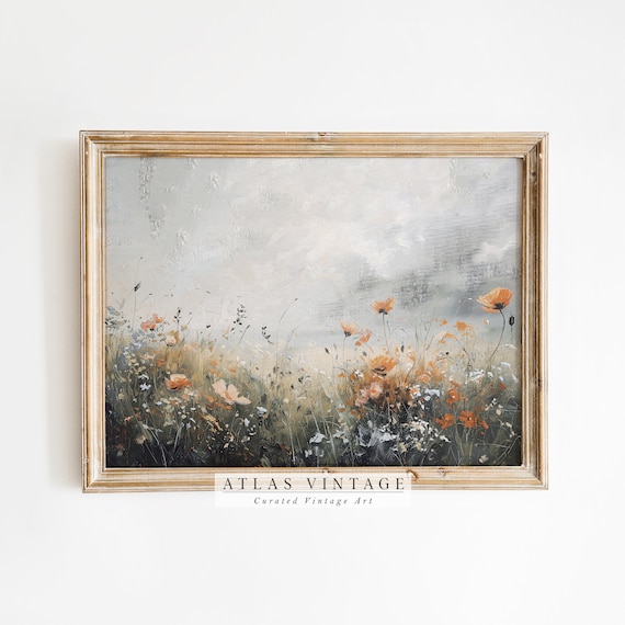 Vintage Wildflower Meadow Orange Poppy Field Muted Spring Landscape Poster