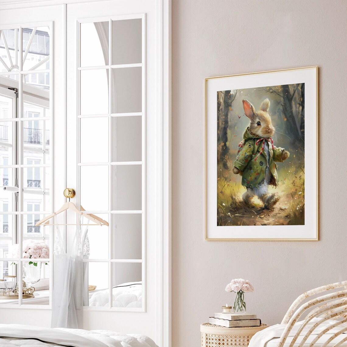 Whimsical Bunny in Green Coat Woodland Forest Adventure Art Poster - Image 8