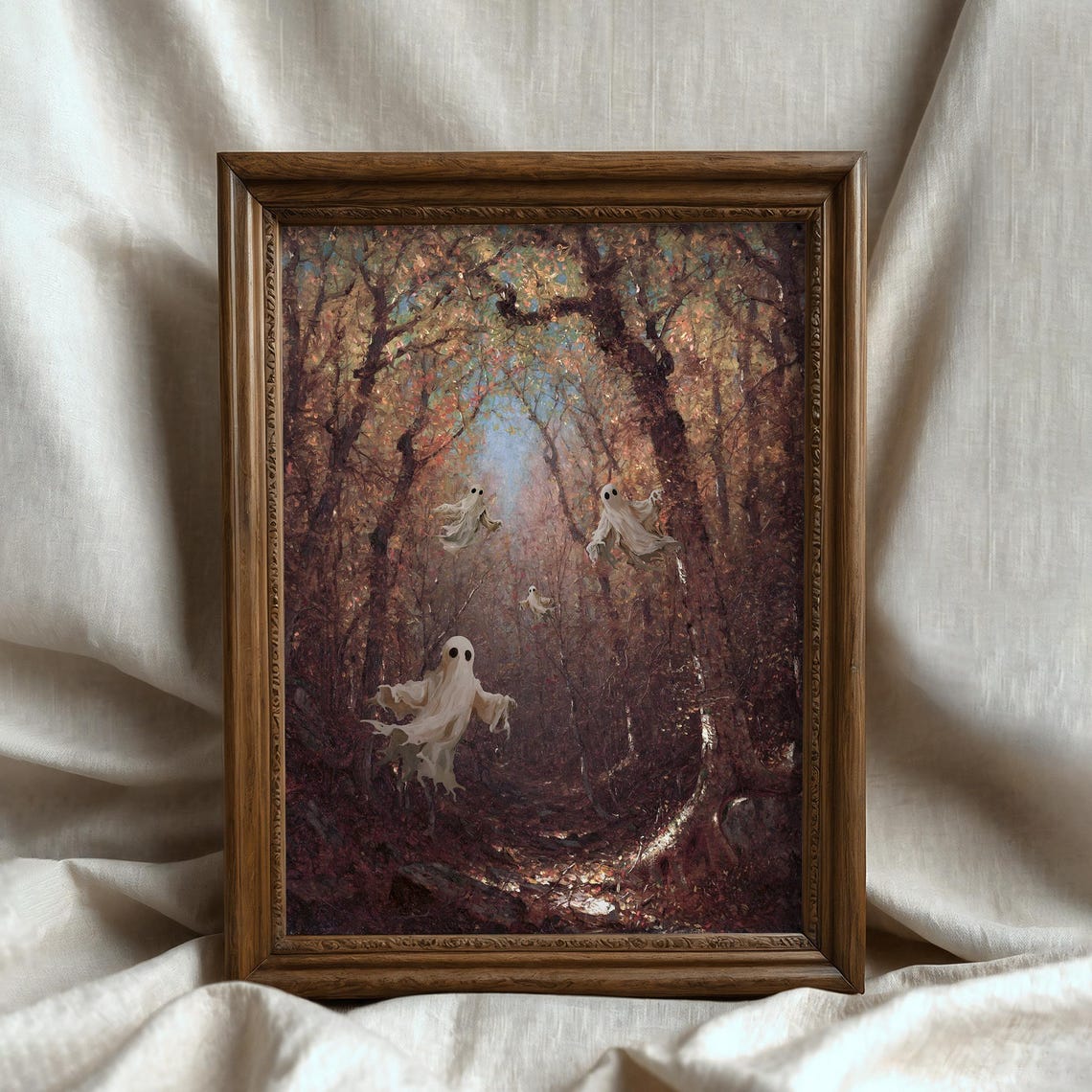 Cute Ghosts Flying Through a Dark Autumn Forest Halloween Poster - Image 2