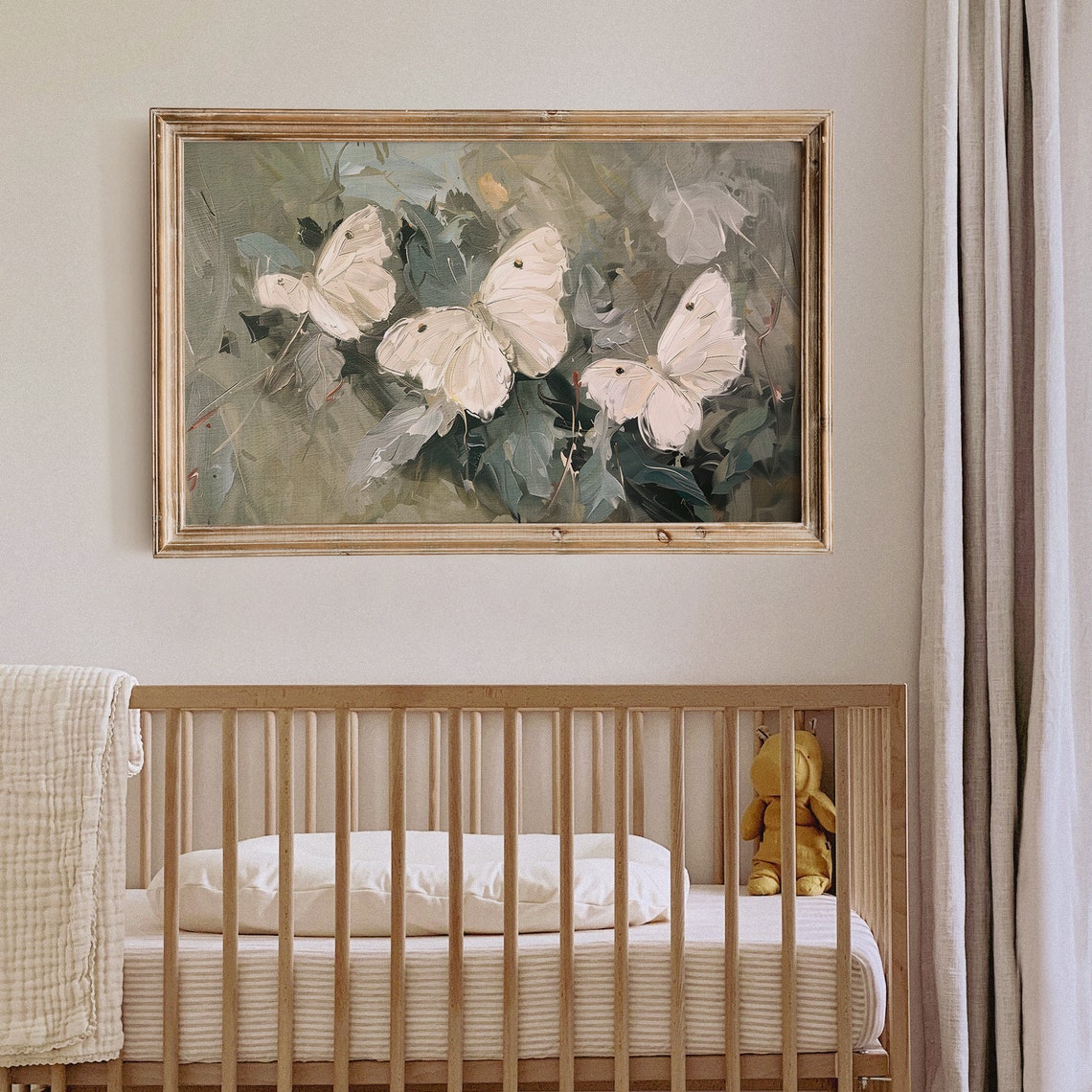 White Butterfly Vintage Garden Painting Muted Summer Floral Poster - Image 4