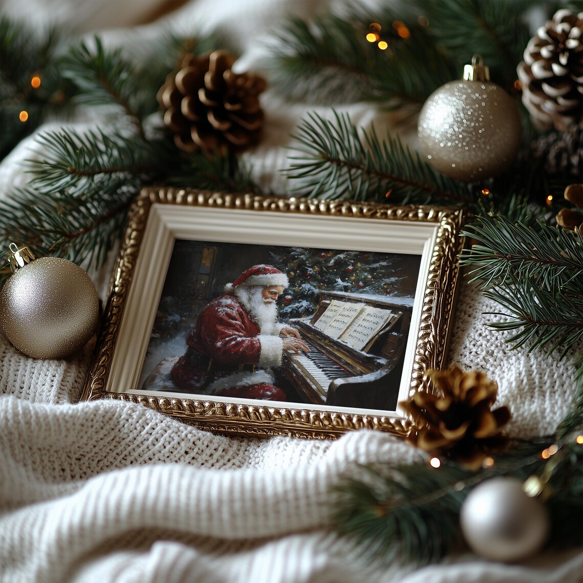 Vintage Christmas Print Santa Claus Playing Piano Oil Painting Xmas Wall Decor Winter Festive Art Holiday Music Prints - Image 7