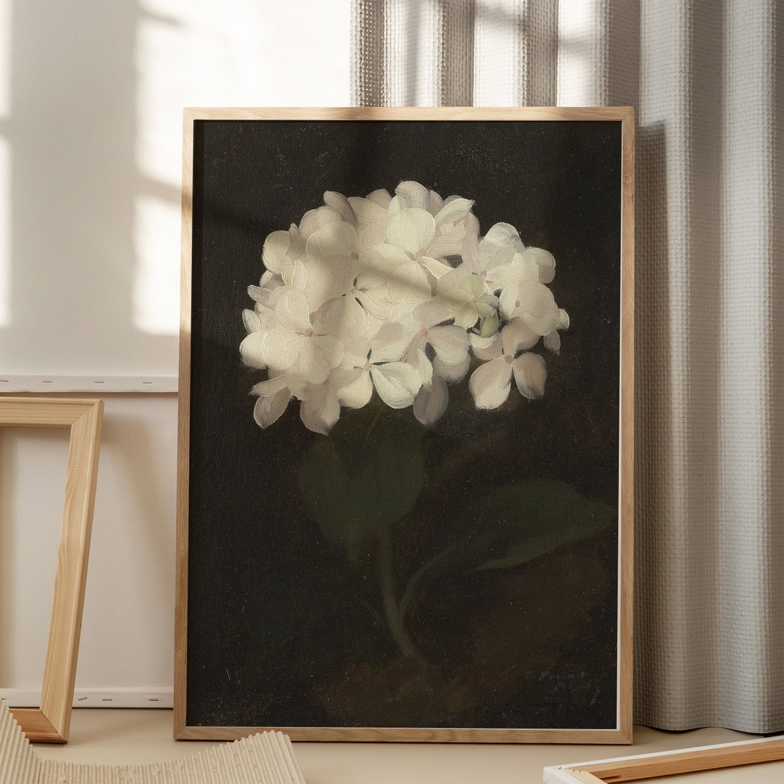 Moody White Hydrangea Bloom on Black Botanical Painting Poster - Image 5