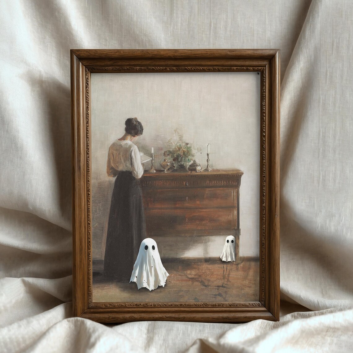 Elegant Woman Reading With Two Ghosts Candlelit Vintage Halloween Art Poster - Image 5