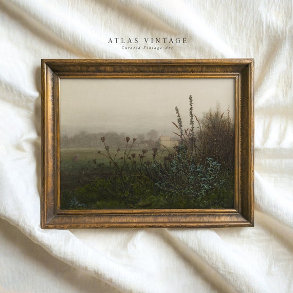 Vintage Misty Morning Print Antique Moody Green Landscape Painting Rustic Cottage Core Wall Art Farmhouse Decor
