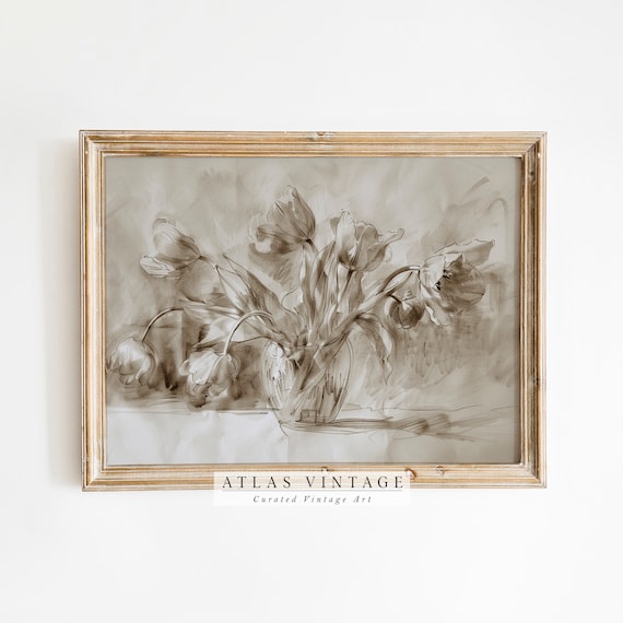 Sepia Tulips Vase Soft Sketch Lines Minimalist Vintage Floral Drawing Poster