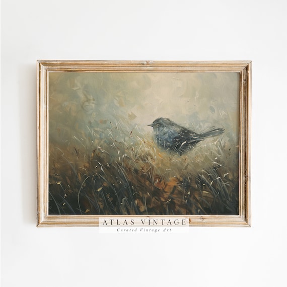 Moody Neutral Bird Painting Dark Little Bird in Tall Grass Art Poster