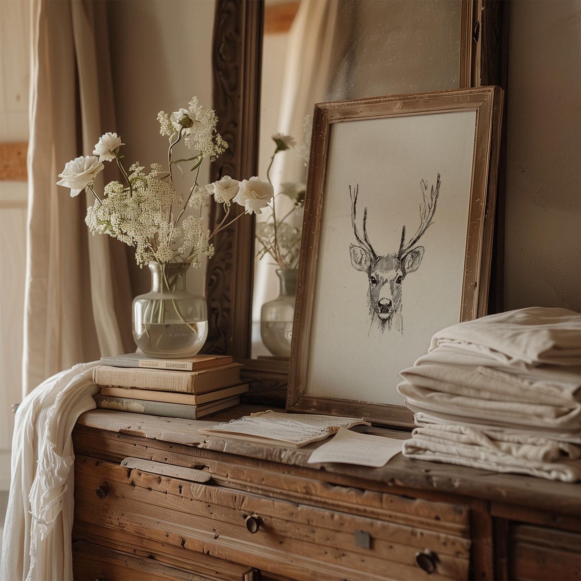 Stag Head Pencil Sketch Minimalist Deer Antlers Oval Art Poster - Image 4