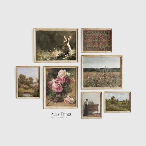 Curated Seven Piece Vintage Gallery Wall Art Set with Rabbit