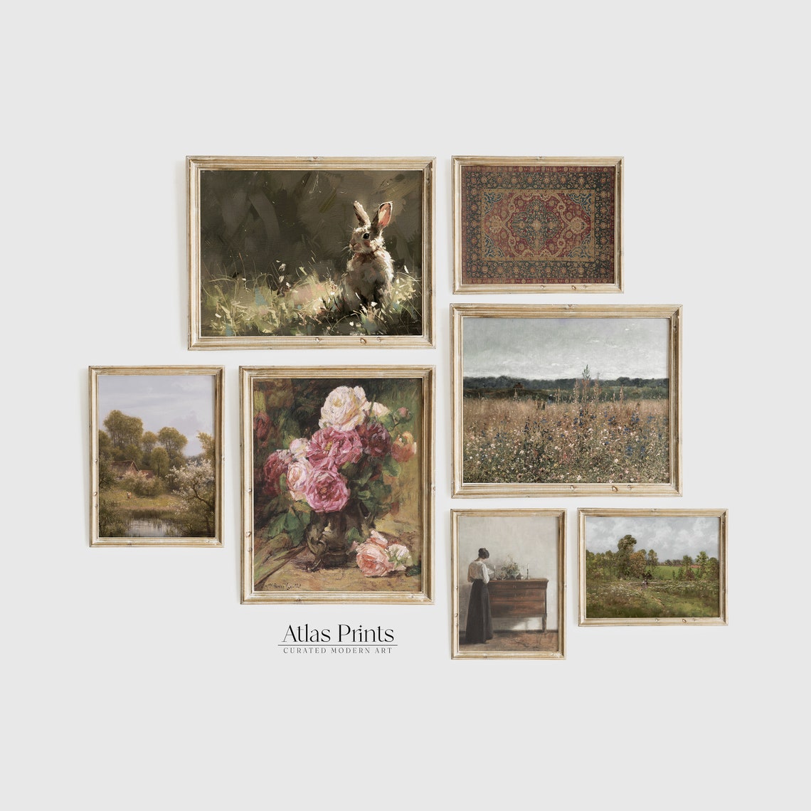 Curated Seven Piece Vintage Gallery Wall Art Set with Rabbit