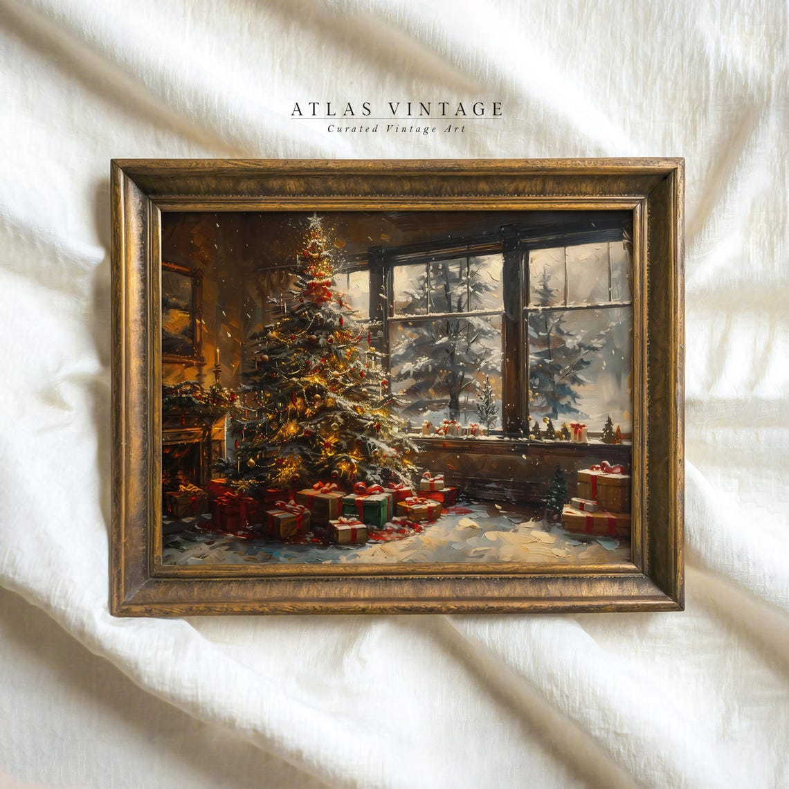 Cozy Christmas Tree with Gifts Painterly Holiday Window Scene Poster