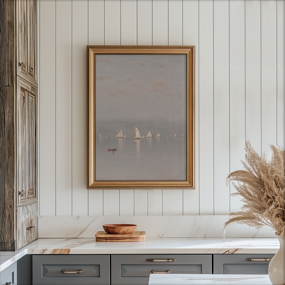 Misty Sailboat Seascape Vintage Lake Hazy Gray Boats Calm Water Poster - Image 4