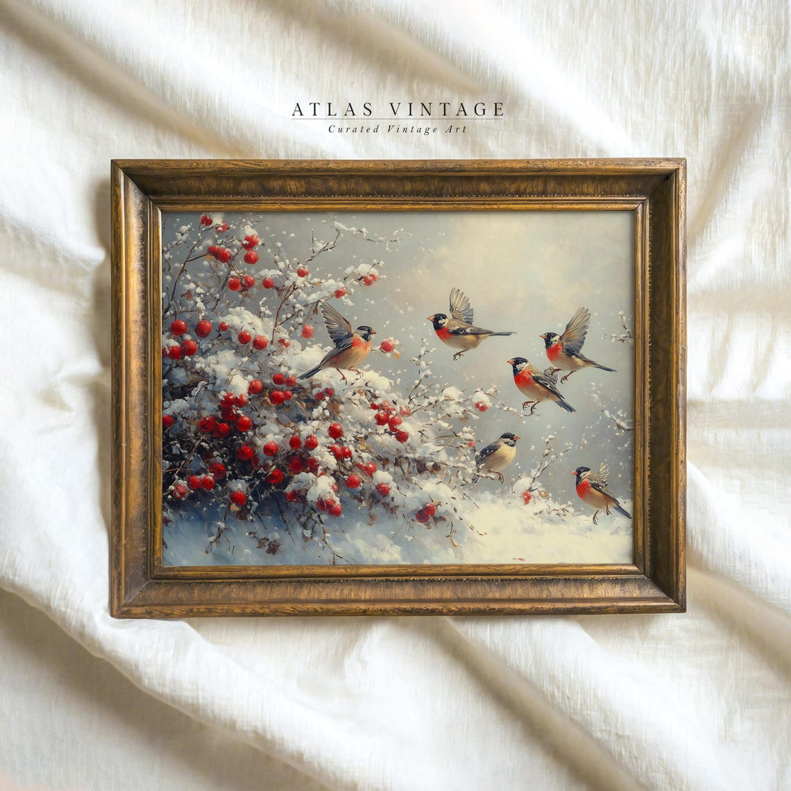 Songbirds Among Snowy Red Berries Winter Bird Scene Art Poster