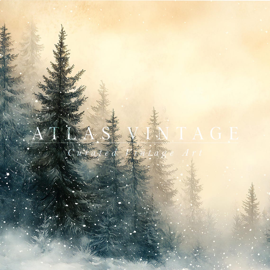 Tall Pines in Snowy Mist With Golden Sky Vintage Frame TV Art Poster - Image 7