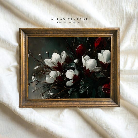 Vintage Floral Winter Print White Cyclamen Flower Painting Prints Dark Moody Winter Wall Decor Christmas Wall Art