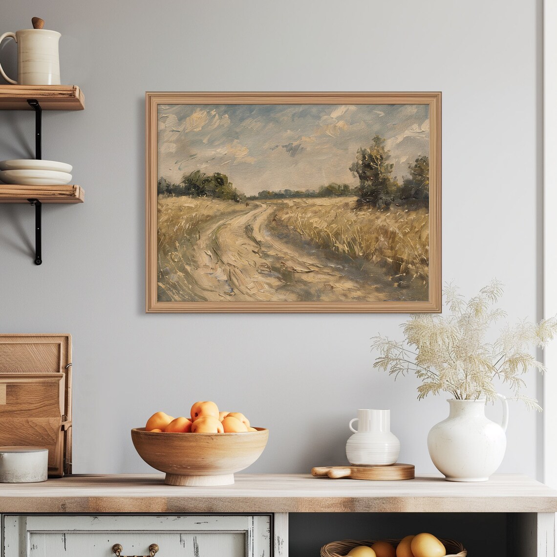 Winding Dirt Road Golden Wheat Field Dramatic Clouds Vintage Landscape Poster - Image 7