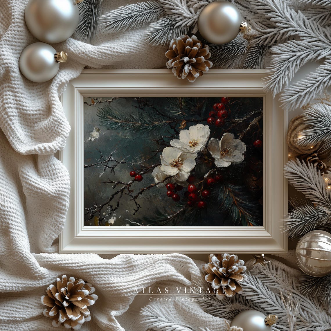 White Winter Blossoms With Red Berries On Dark Pine Boughs Poster - Image 6
