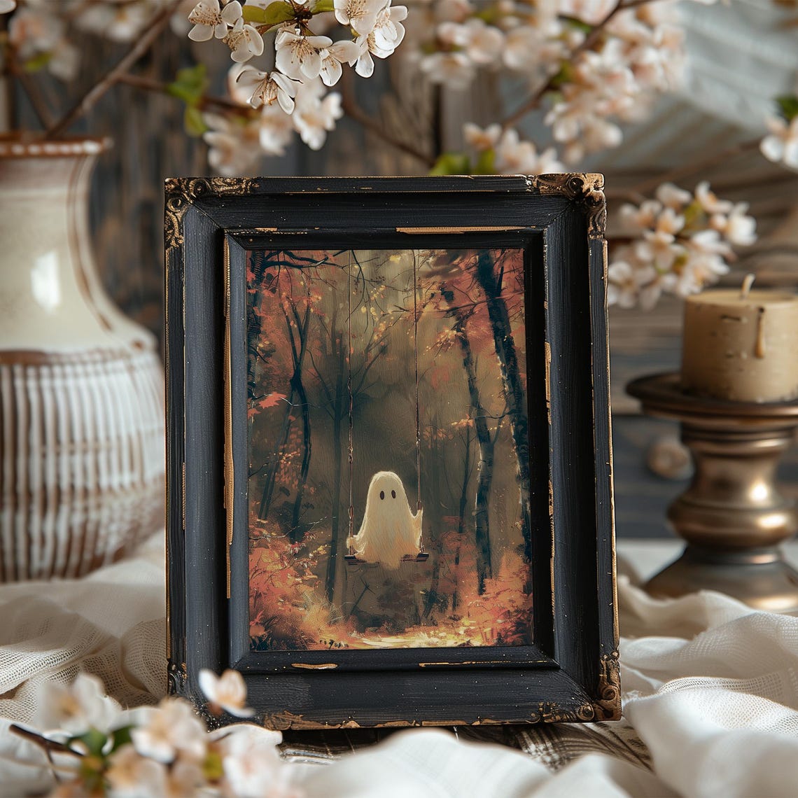 Cute Little Ghost on Swing in Autumn Forest Halloween Poster - Image 8