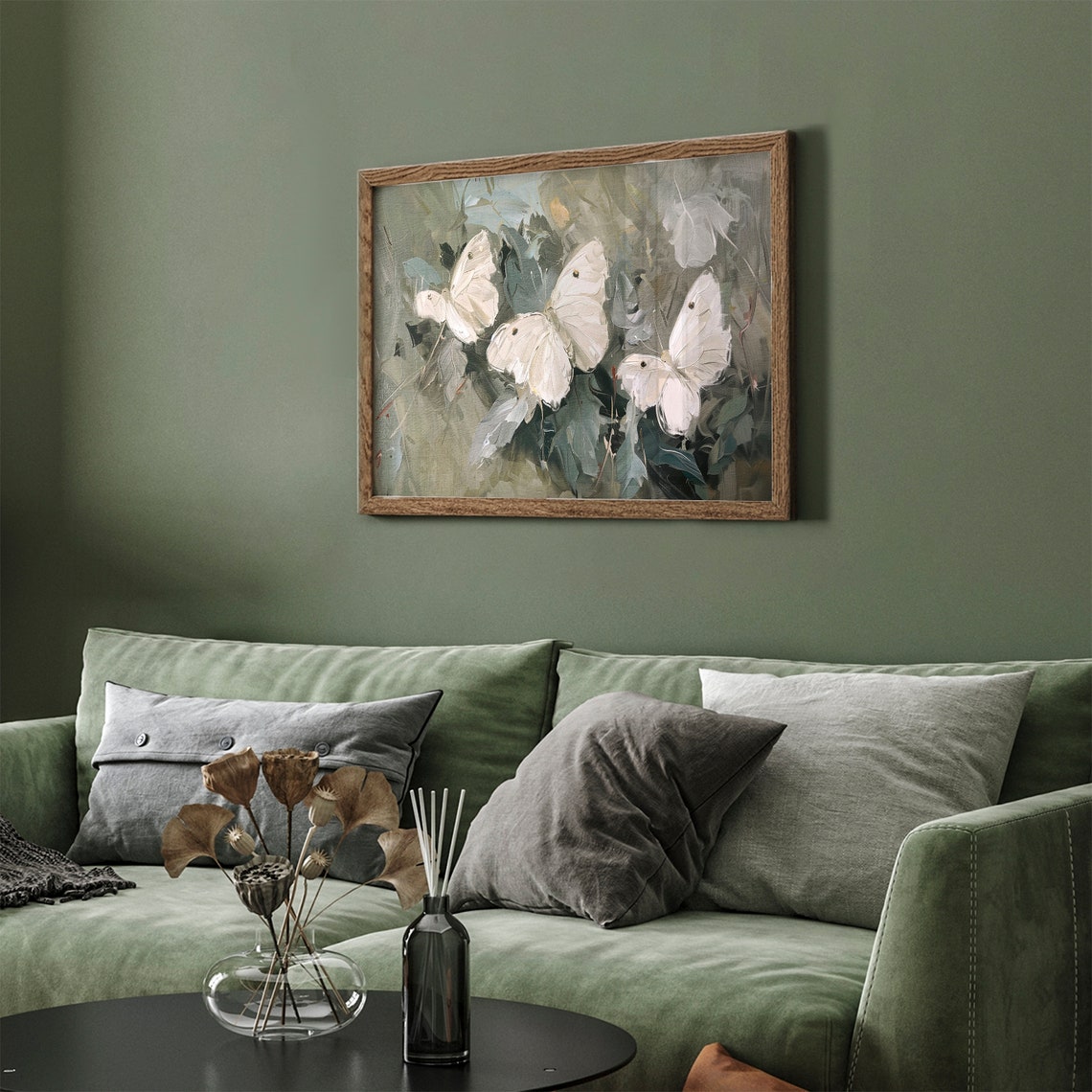 White Butterfly Vintage Garden Painting Muted Summer Floral Poster - Image 2
