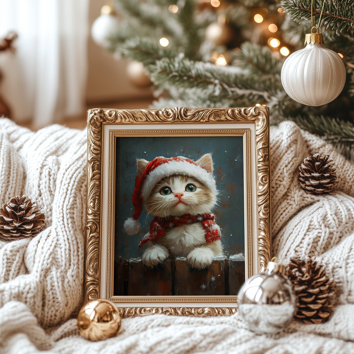 Baby Kitten in Santa Hat Cute Christmas Cat Oil Painting Poster - Image 2