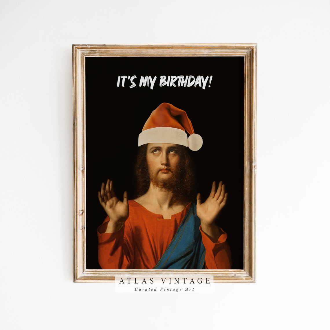 Funny Jesus Birthday Altered Painting Santa Hat Christmas Poster