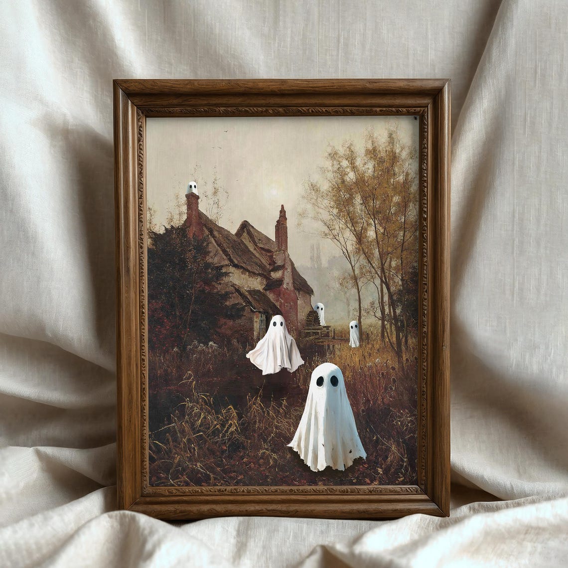 Cute Sheet Ghosts Before Autumn Cottage Spooky Fall Landscape Poster - Image 5