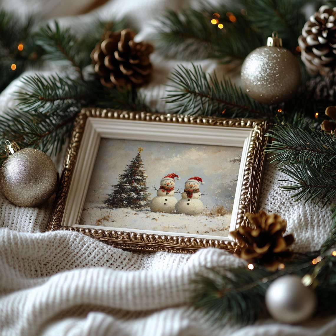 Two Snowmen With Santa Hats Beside a Snowy Christmas Tree Poster - Image 7