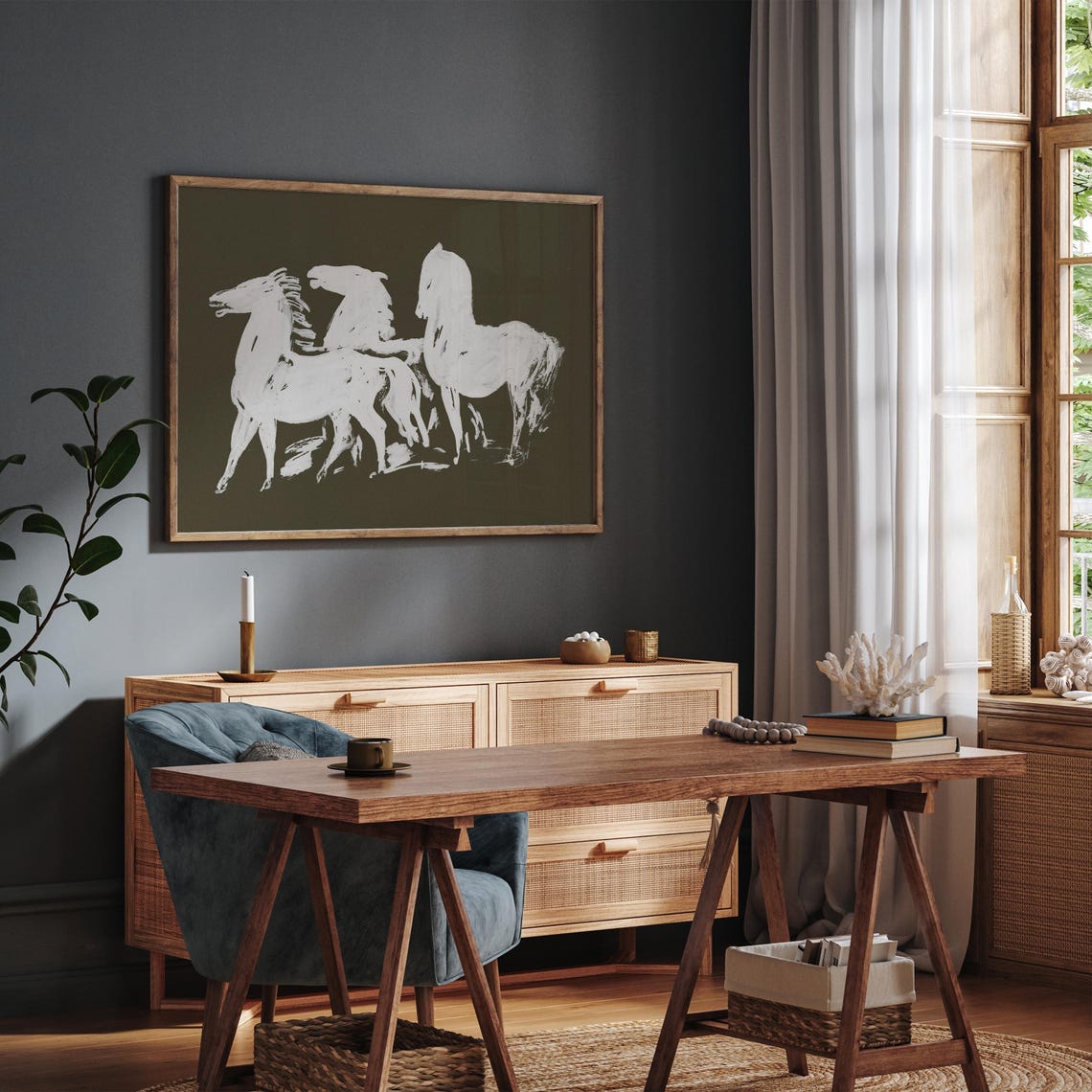 Three White Horses Sketch on Dark Olive Equestrian Vintage Wall Art - Image 7