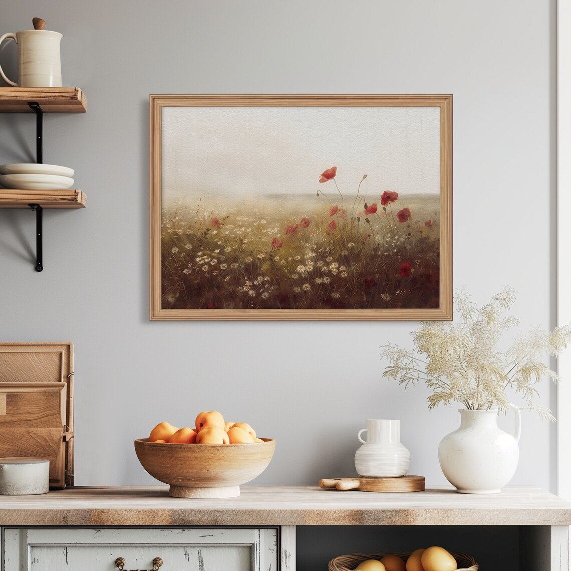 Red Poppies and Daisies in Meadow Vintage Wildflower Field Art Poster - Image 6
