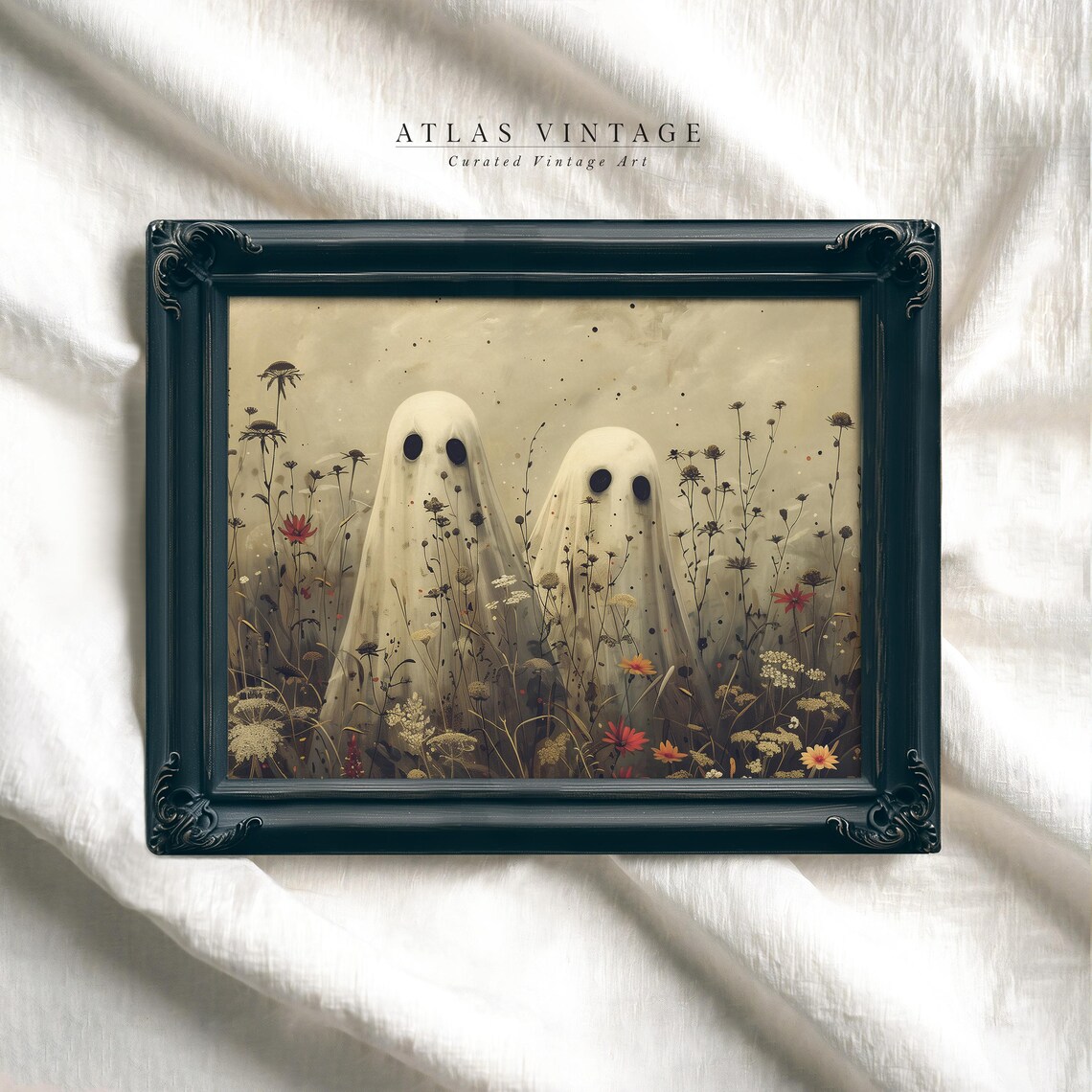 Two Cute Ghosts in Wildflower Meadow Vintage Halloween Fall Floral Art Poster - Image 4