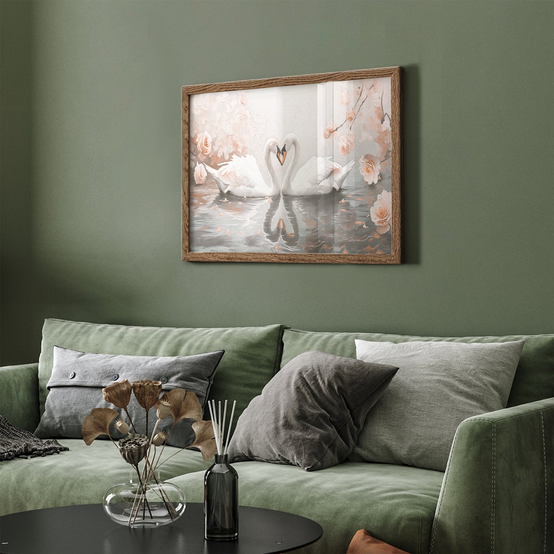 Kissing Swans Heart Shape Romantic Blush Roses Painting Poster - Image 2