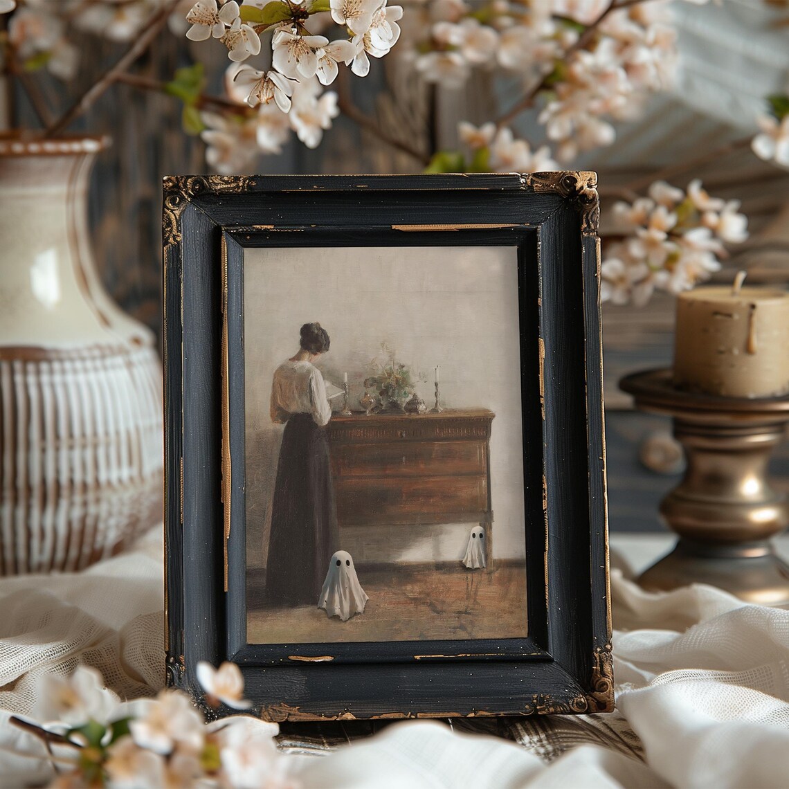 Moody Woman Reading With Cute Ghosts Candlelit Room Halloween Art Poster - Image 4