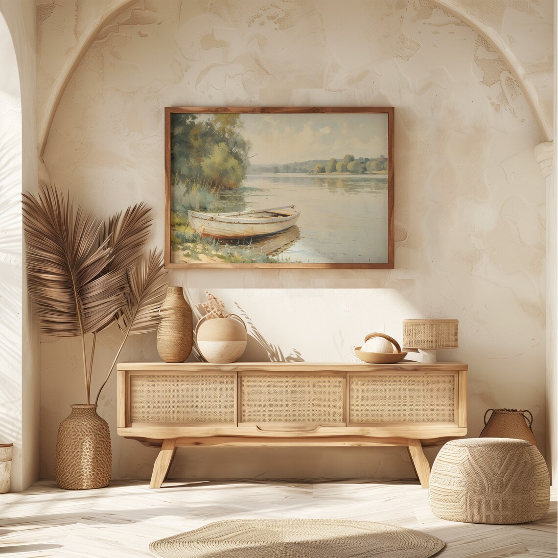 Vintage Summer Lake With White Rowboat Calm Water Landscape Painting Poster - Image 5