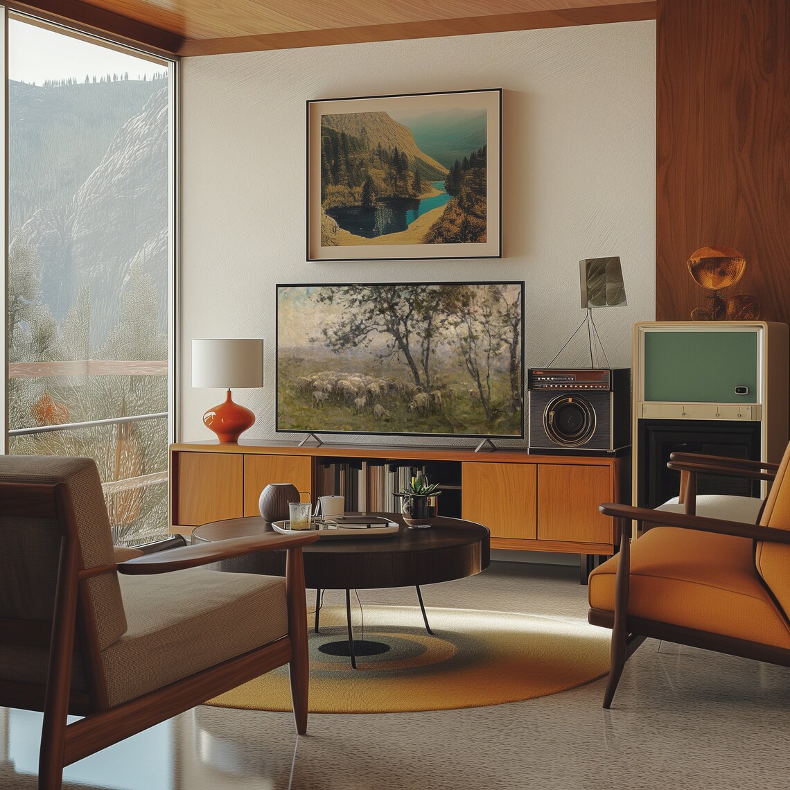 Sheep Flock Grazing Under Trees Misty Pastoral Painting Frame TV Wall Art - Image 5
