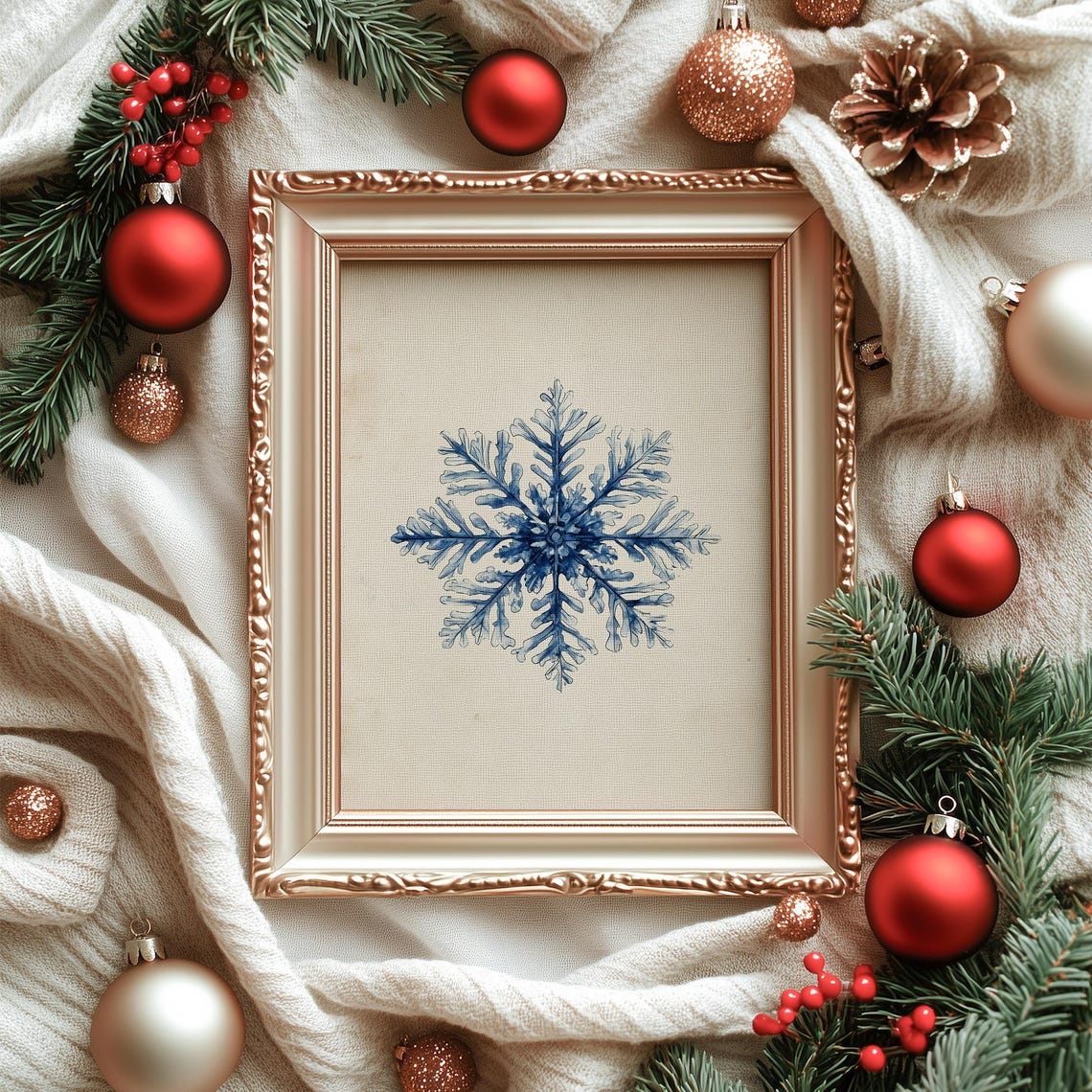 Delicate Blue Watercolor Snowflake on Beige Winter Holiday Poster - Image 4